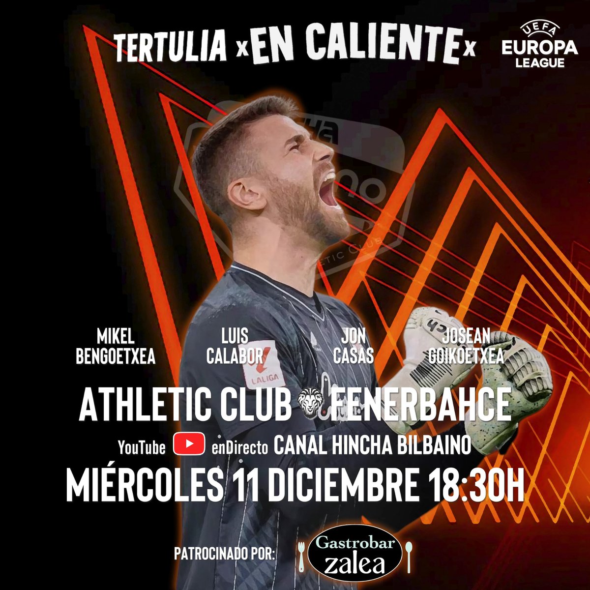 📆 Esta tarde a las 18:30 h. 

Minutos después de finalizar el partido Fenerbahçe - <a href="/AthleticClub/">Athletic Club</a>

🇦🇹 Tertulia athleticzale #EnCaliente

💻 YouTube canal #HinchaBilbaino

👥 Invitados: #MikelBengoetxea, <a href="/LuigiCalabor/">Luis Calabor Núñez</a>, <a href="/JonKa14/">JonKa</a>  y #JoseanGoikoetxea

Patrocina GASTROBAR ZALEA