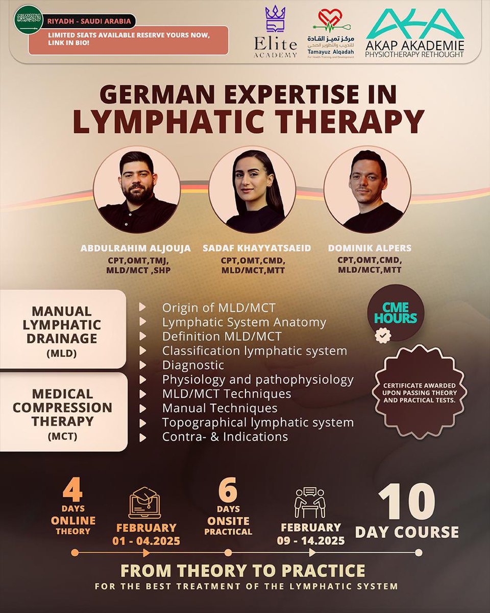 يسرنا في اكاديمية إليت ان نعلن عن واحد من اكبر برامج تأهيل الجهاز اللمفاوي 🇩🇪:  

Manual Lymphatic Drainage (MLD) &amp; Medical Compression Therapy (MCT) Diploma

المعتمد ولاول مره في المملكه العربيه السعوديه من معهد AKAP الالماني 🇩🇪🇸🇦
ولمدة 10 ايام واكثر من 80+ ساعه تعليميه 

وصف