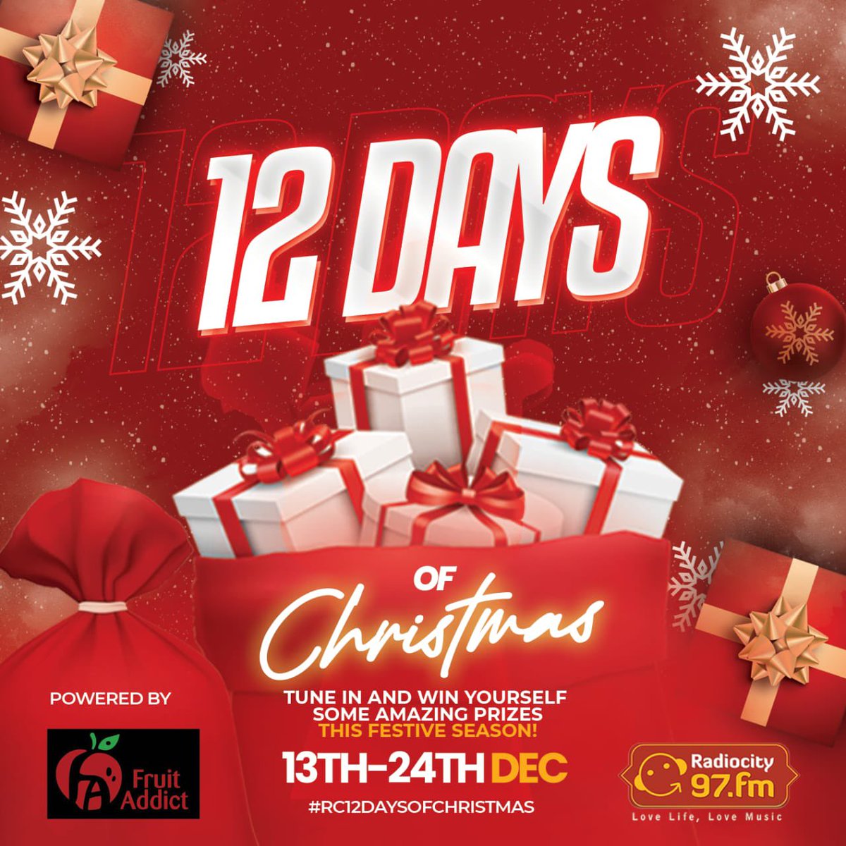 97fmRadiocity's tweet photo. Get ready to celebrate the 12 Days of Christmas with Radiocity 97FM! 🎄 ✨

From 13th to 24th December, tune in to stand a chance of winning amazing prizes this festive season. Don’t miss out on the holiday magic!  

Powered by @FruitAddictug #RC12DaysOfChristmas https://t.co/PVenQ35u23