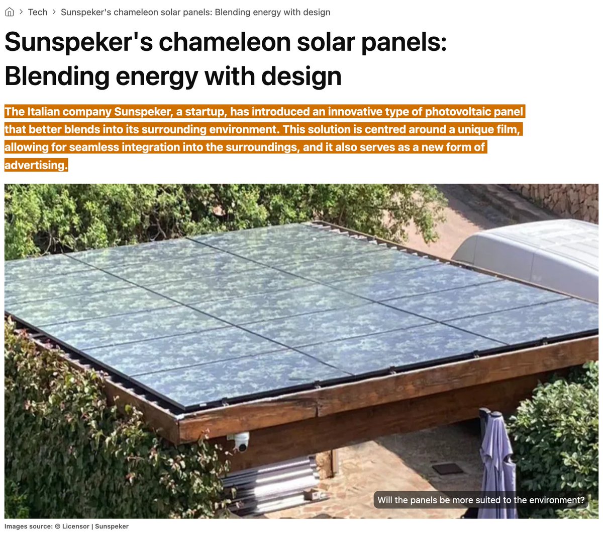 sunspeker's tweet photo. #GoodMorningUK
"Sunspeker, an Italian startup, has created a new type of solar panel that can blend into its surroundings. The panels use a special film to integrate seamlessly into the environment, and can also be used for advertising".
👉https://t.co/UaWpDgZzPv
#BeSmartBeSunny https://t.co/Ilg5Phj4Zb