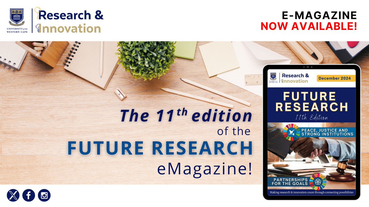 UwcResearch's tweet photo. The 11th Future Research eMagazine is here! 

Highlighting #SDG16 &amp; #SDG17, it features UWC’s impactful research driving innovation &amp; inclusivity.

Read now: https://t.co/lhsx0fi0Hr

Want to feature your research? Contact Tamara Goliath: tgoliath@uwc.ac.za

#MakingResearchCount https://t.co/QMdbUVSOdJ