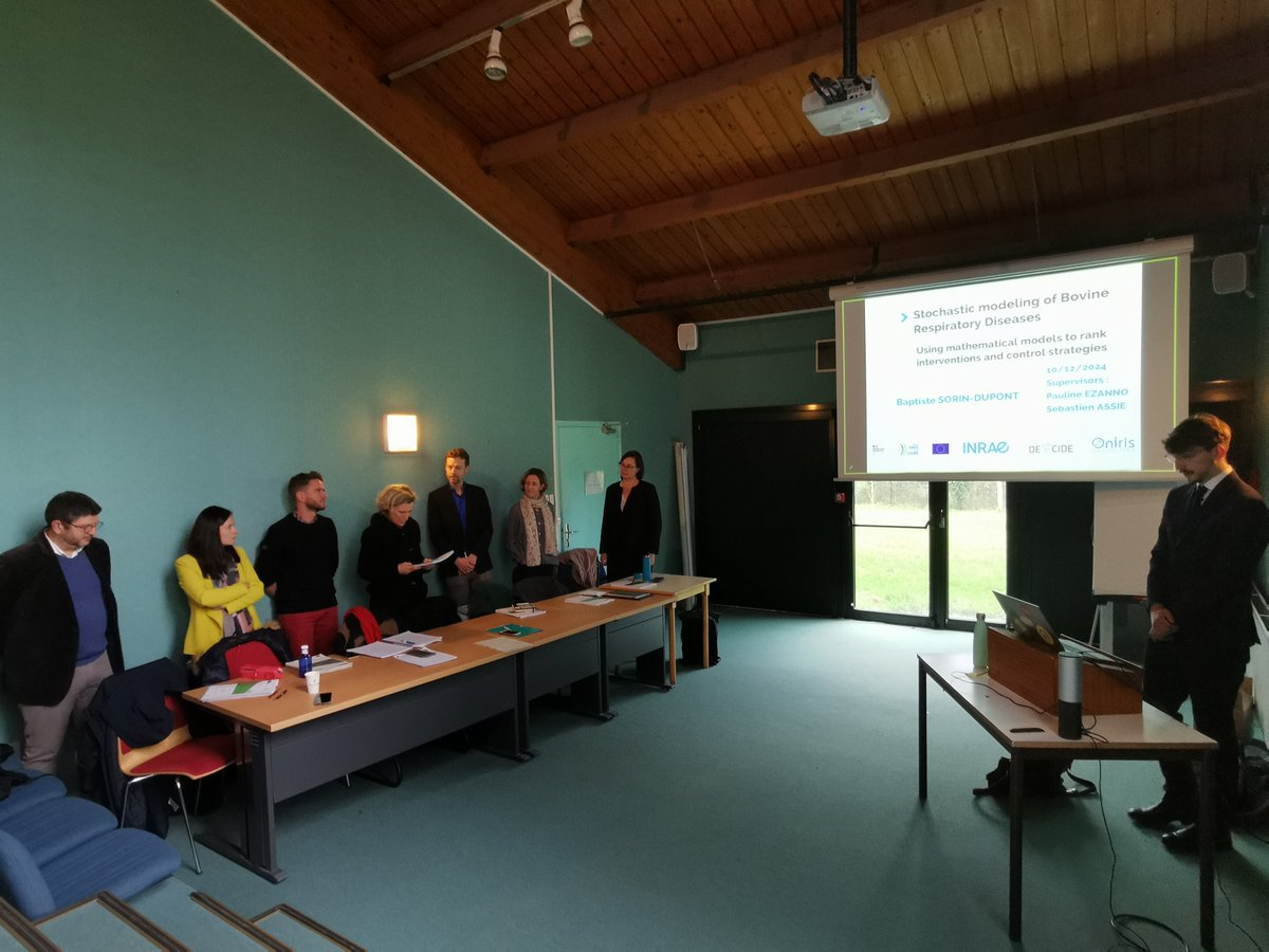DYNAMO research group (@bioepar_dynamo) on Twitter photo 👏Baptiste Sorin brilliantly defended his PhD thesis yesterday!🎓
"Stochastic modeling of Bovine Respiratory Disease" 🐂🦠💉🖥️📊
supervised by <a href="/PaulineEzanno/">Pauline Ezanno</a> and Seb Assié
... and 1st thesis in the <a href="/decide_h2020/">DECIDE_H2020</a> project!
<a href="/oniris_officiel/">Oniris</a> <a href="/INRAE_DPT_SA/">INRAE Santé Animale</a> <a href="/INRAE_PdL/">INRAE Pays-de-la-Loire</a> <a href="/paysdelaloire/">Pays de la Loire</a> 👏Baptiste Sorin brilliantly defended his PhD thesis yesterday!🎓
"Stochastic modeling of Bovine Respiratory Disease" 🐂🦠💉🖥️📊
supervised by <a href="/PaulineEzanno/">Pauline Ezanno</a> and Seb Assié
... and 1st thesis in the <a href="/decide_h2020/">DECIDE_H2020</a> project!
<a href="/oniris_officiel/">Oniris</a> <a href="/INRAE_DPT_SA/">INRAE Santé Animale</a> <a href="/INRAE_PdL/">INRAE Pays-de-la-Loire</a> <a href="/paysdelaloire/">Pays de la Loire</a>