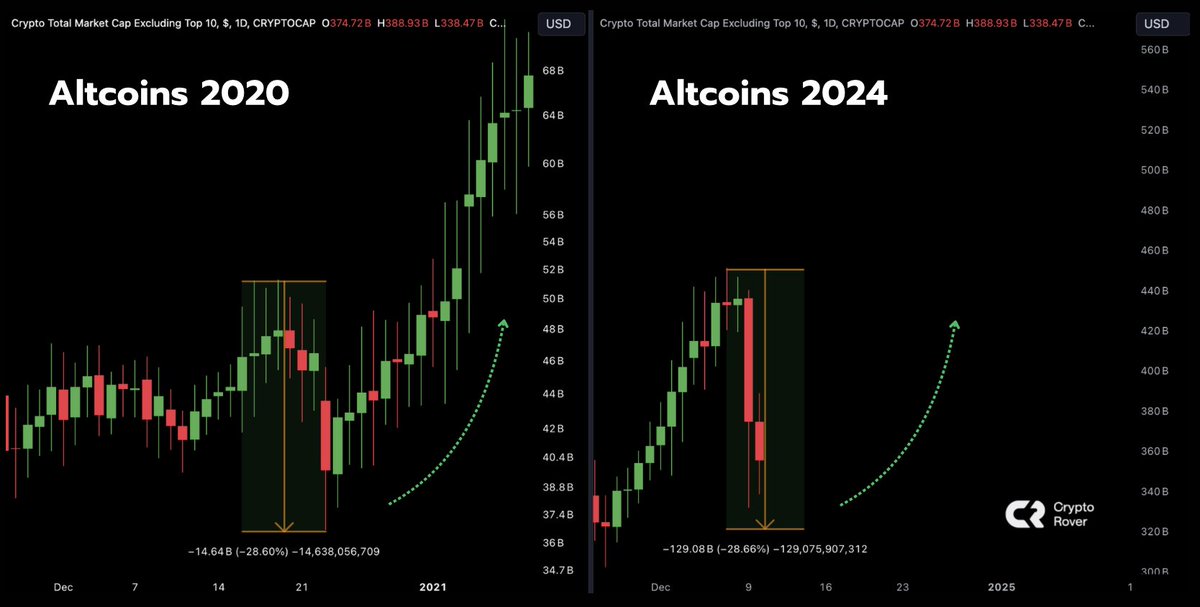 cryptorover's tweet image. In December 2020, #Altcoins dropped by 30% before rallying over 400%.

We just experienced a 25% drawdown.

Expect your #Altcoins to EXPLODE! 👇