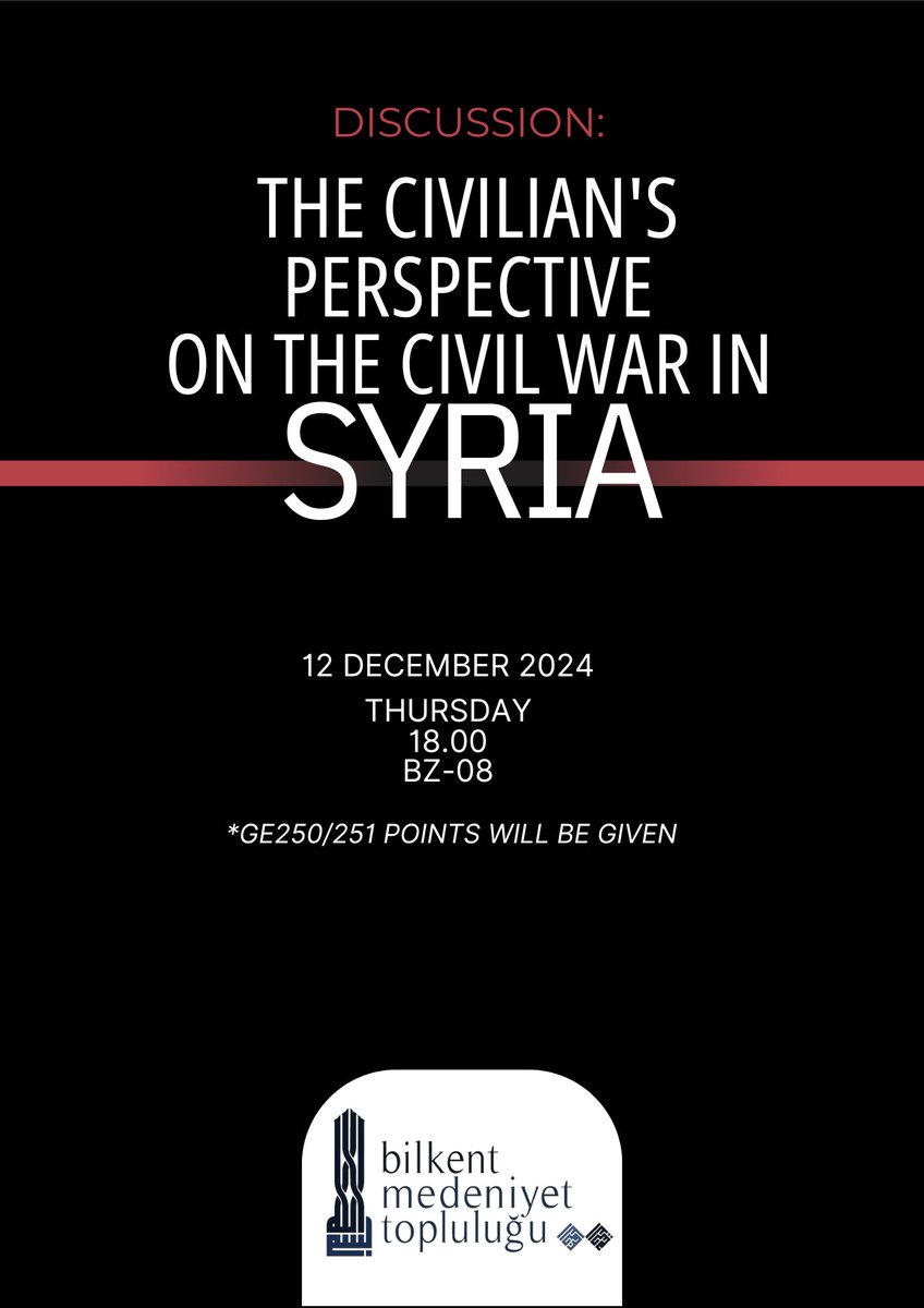 Discussion: The Civilian's Perspective on the Civil War in Syria
📍 BZ-08
🗓️ 12 December 2024 Thursday
🕕 18.00