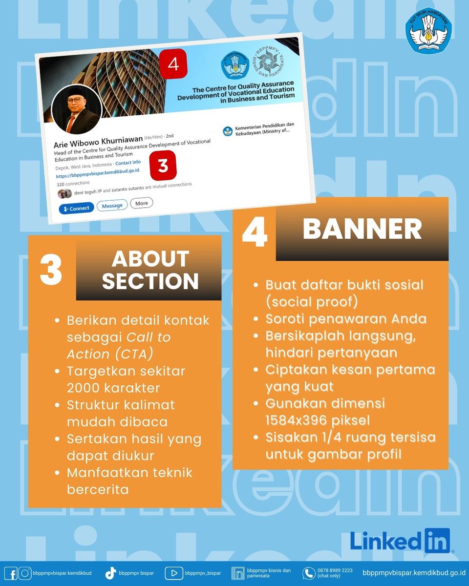 bbppmpv_bispar's tweet image. "8 Langkah Optimalisasi LinkedIn untuk Guru SMK Bisnis dan Pariwisata"
#LinkedInOptimization #GuruProfesional #SMKBisnisDanPariwisata #PersonalBranding #DigitalSkills #Networking #PendidikanVokasi #Edupreneurship #InovasiPendidikan