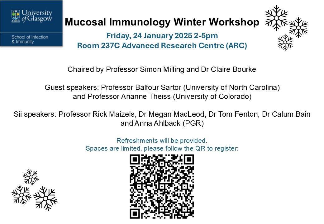 Mucosal Immunology Winter Workshop;  
❄️❄️☃️☃️❄️❄️☃️☃️❄️❄️☃️☃️❄️❄️☃️☃️❄️❄️☃️
January 24th  
School of Infection &amp; Immunity, University of Glasgow  FREE to register, limited spaces