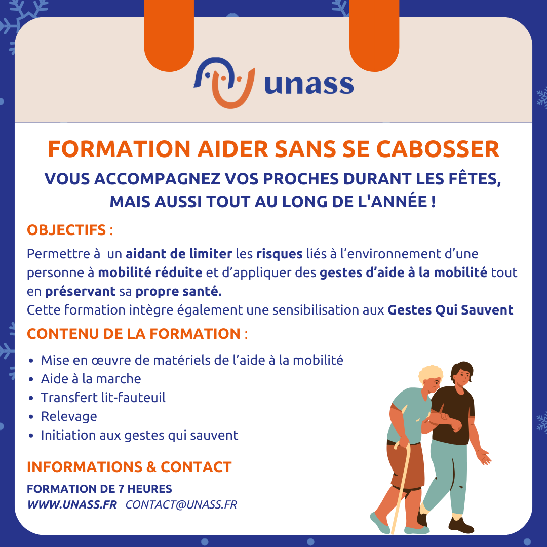 UNASS_fr's tweet image. Avec l'UNASS, vous pouvez apprendre à prendre soin de ceux qui vous entourent toute l'année. La formation Aider sans se cabosser vous permet de maîtriser les gestes d'aide à la mobilité, tout en préservant votre propre santé.

📩 Contactez-nous : contact@unass.fr
#UNASS