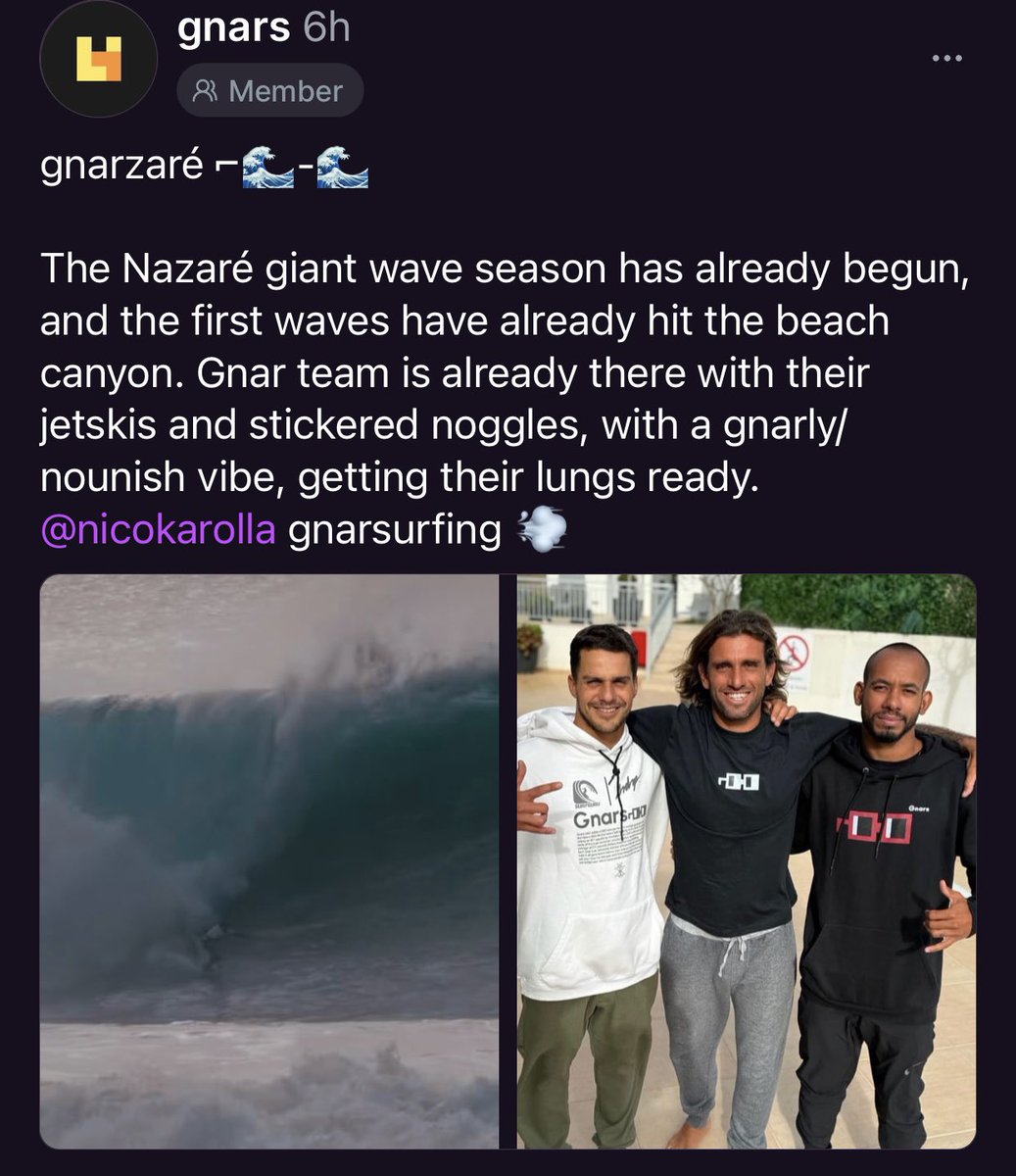 Gnars on the biggest waves in the world. GNARZARÉ ⌐◨-◨
<a href="/gnars_dao/">Gnars</a> 
warpcast.com/gnars/0xf3fbe6…
