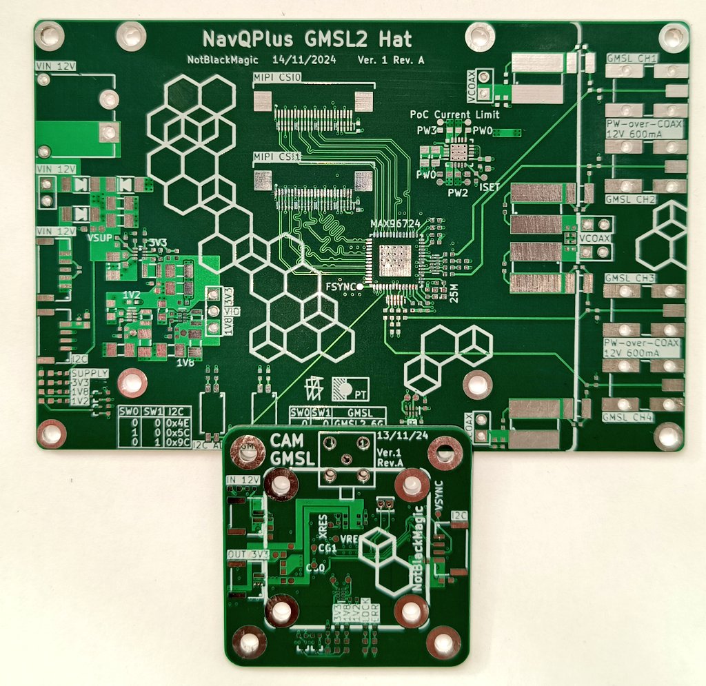 NotBlackMagic1's tweet photo. The PCBs for my #GMSL camera link project arrived! Thanks to @PCBIODesign for sponsoring the PCBs (https://t.co/CrHRWfFIoG). The matt green finish looks great!
Now onto soldering components and then looking into the #linux drivers.
#embedded #sbc #computervision #rpi https://t.co/L9BC1e0TYM