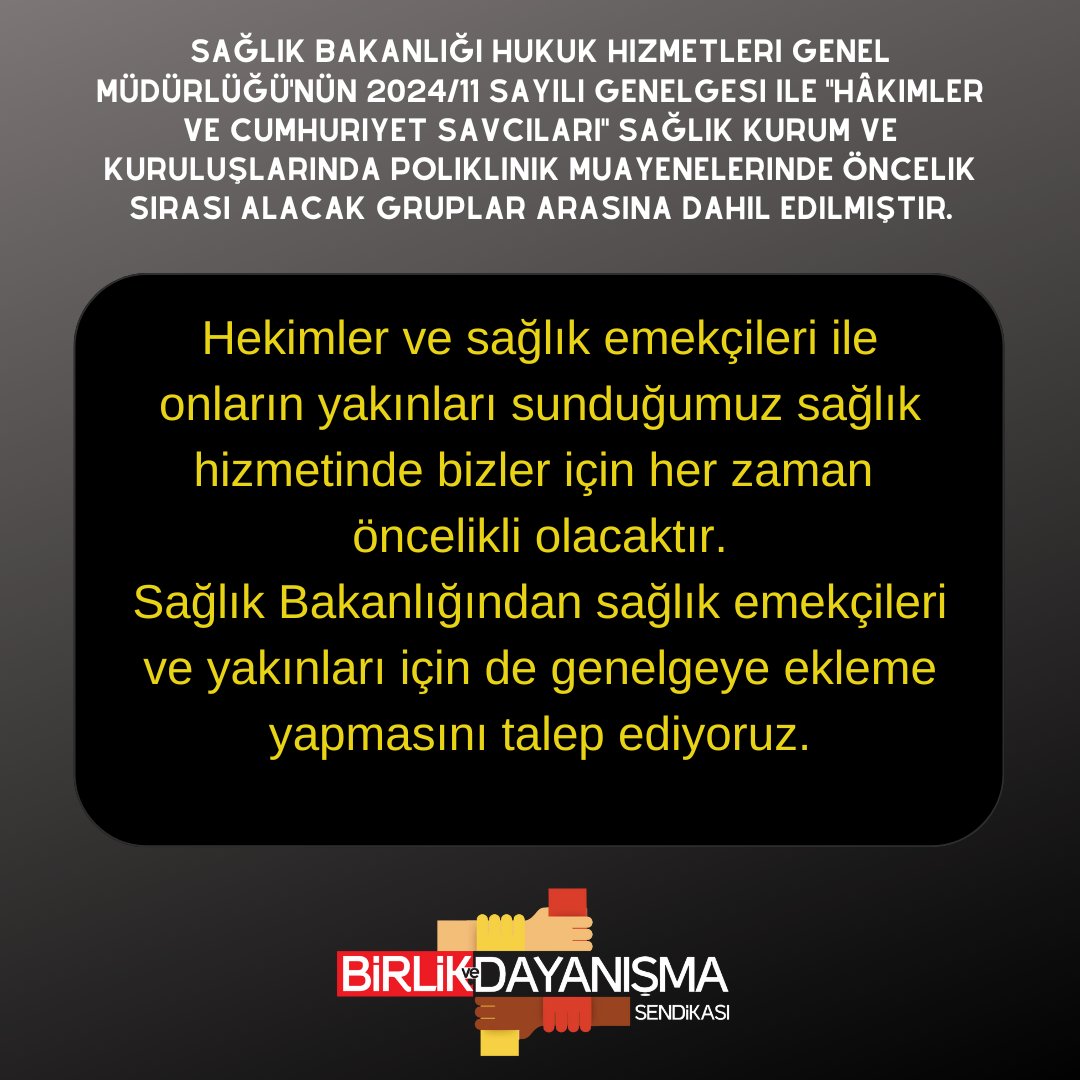 Hekimler ve sağlık emekçileri ile onların yakınları sunduğumuz sağlık hizmetinde bizler için her zaman öncelikli olacaktır.
Sağlık Bakanlığından sağlık emekçileri ve yakınları için de genelgeye ekleme yapmasını talep ediyoruz.