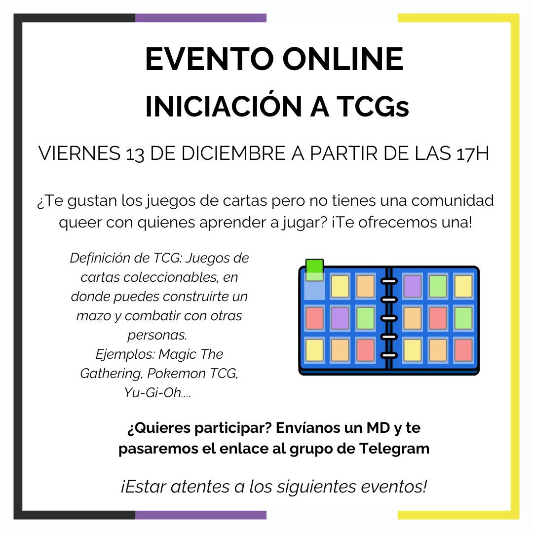 Sabemos que estos tiempos son complicados para muchas personas trans. Así que os traemos las tardes de juegos para vernos y sentirnos arropades entre todes

Este Viernes con la iniciación a TCGs

*evento para personas trans binarias y no binarias (o en cuestionamiento) 

 ¡Únete!