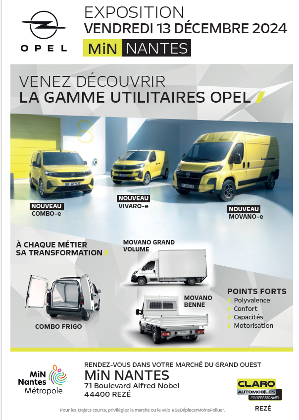 🚘 Le vendredi 13 décembre, découvrez les véhicules utilitaires Opel (standards, frigos, grand volume…) au MiN de Nantes ! 🕓 De 4h30 à 16h, à l’entrée de la grande halle des fruits et légumes. Venez rencontrer les conseillers pour explorer vos options !