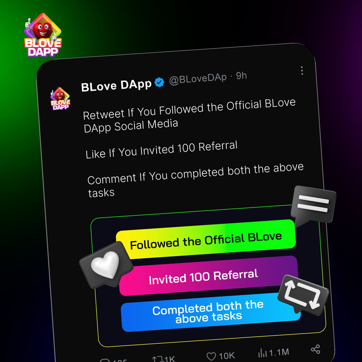 BLoveDApp's tweet image. Attention BLove DApp Community
Let&apos;s see who&apos;s crushing it!

🔥 Retweet if you’re rocking with BLove on social!
💎 Like if you’ve got 100+ referrals cheering with you!
✨ Comment if you’re the ultimate champ who nailed BOTH!

Every action counts—let’s make this community…