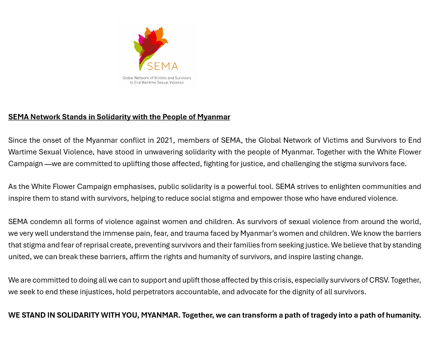 Altsean's tweet photo. At the conclusion of the White Flower Campaign's #16DaysOfActivism, @SEMA_Network shows their solidarity with CRSV survivors and determination to end CRSV in Burma/Myanmar. 

We stand with survivors of #CRSV. 

We stand with the people of #Burma/#Myanmar https://t.co/Rurk7EPv4J