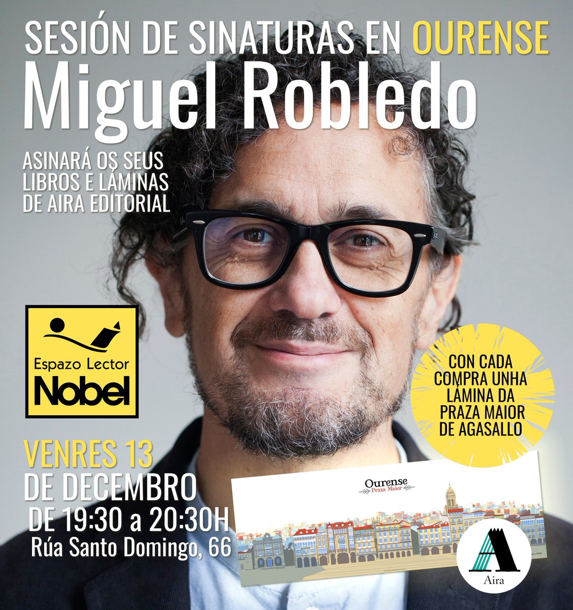 miguel robledo (@mafrobledo) on Twitter photo Este venres estarei asinando libros no Espazo Lector de Ourense, con cada libro de <a href="/airaeditorial/">Editorial Aira</a> levaredes de agasallo a lámina da Praza Maior. Vémonos! Este venres estarei asinando libros no Espazo Lector de Ourense, con cada libro de <a href="/airaeditorial/">Editorial Aira</a> levaredes de agasallo a lámina da Praza Maior. Vémonos!