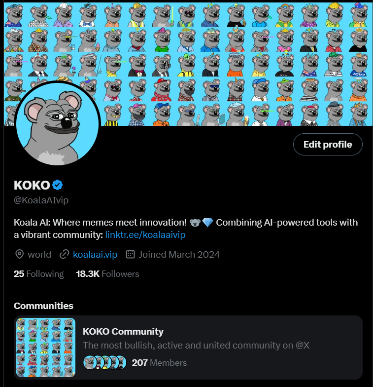 KoalaAIvip's tweet photo. We’ve updated our Twitter banner to showcase the heart of $KOKO, our amazing community and its NFTs! 🐨✨ 
Each NFT is an engine powering our rocket, and every holder will have a voice in our DAO.

Together, we’re unstoppable. 🚀
#KOKORULES #ManifestingKoalas https://t.co/rqz5PLBwHl