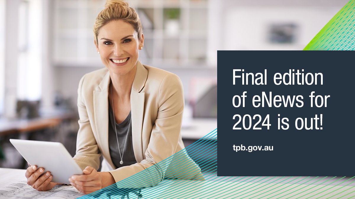 Our final TPB eNews edition for the year is out! Read about:
🎄our Chair’s end of year message
🎄new Code Determination obligations starting 1 Jan 2025 
🎄transitional provisions for complying with the disqualified entity obligations ceasing.
Read it now: ow.ly/I13v50Umcjg