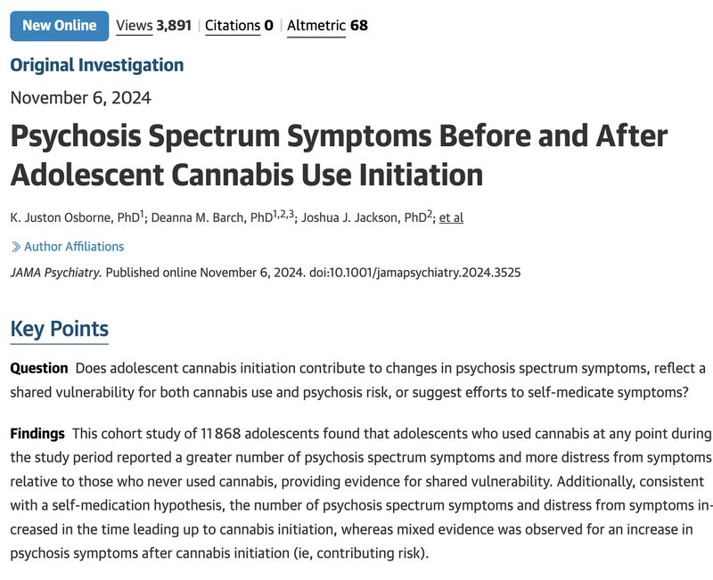 "Latest evidence suggests that psychosis symptoms amongst adolescents often precede #cannabis
use, challenging the narrative that cannabis directly causes #psychosis". Results align with shared vulnerability and self-medication hypotheses. drive.google.com/file/d/1_WB08F…