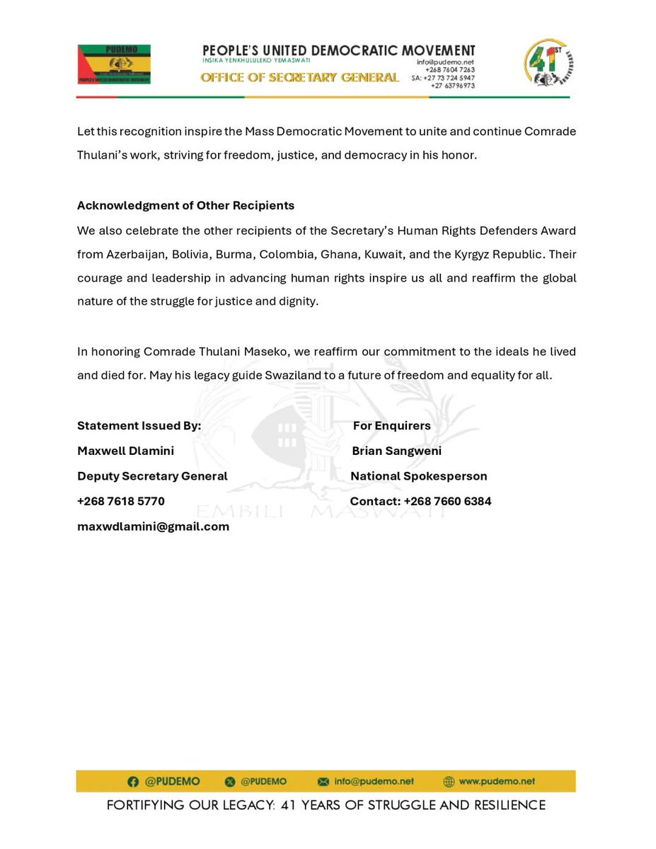 We express our heartfelt gratitude to Secretary of State, <a href="/SecBlinken/">Secretary Antony Blinken</a>, the US government and the people of USA for honoring Cde Thulani Maseko with the Secretary’s Human Rights Defenders Award.