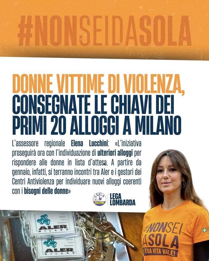 LegaLombardaSP's tweet image. 🗝️🏠 L’assessore regionale Elena #Lucchini: “Consegnati a Milano gli alloggi ALER ai centri antiviolenza e alle case rifugio.

Le chiavi di 20 appartamenti sono state affidate agli enti beneficiari della misura regionale per il contrasto… facebook.com/69670650201936…