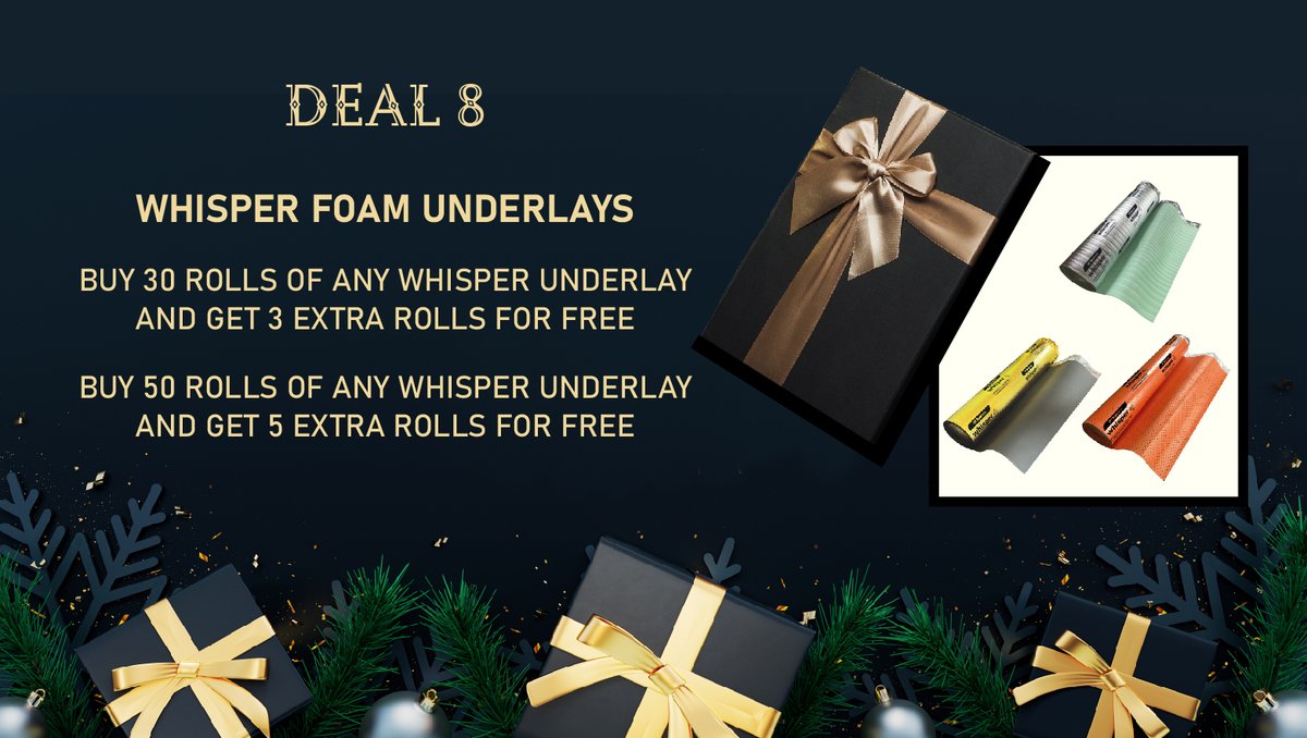 PFL_Ireland's tweet image. 🎄12 deals of #Christmas Promotion🎄 

Deal 8: Buy 30 rolls of any whisper #underlay and get 3 extra rolls free, or buy 50 rolls to get 5 extra free. 

All offers are available for the month of December. T&amp;amp;Cs apply. #tradeonly