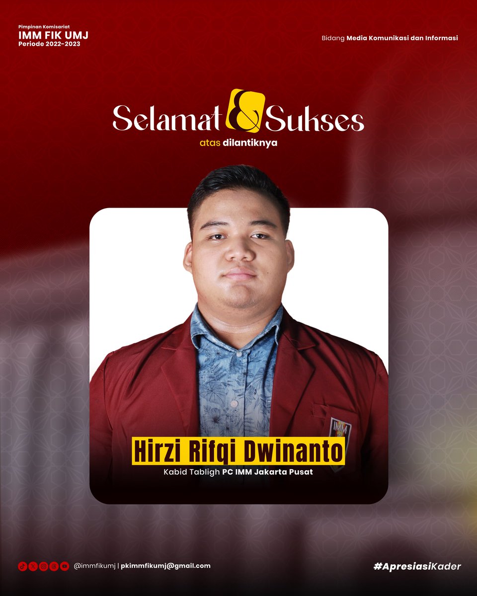 immfikumj's tweet photo. [Selamat &amp; Sukses]
.
Segenap pengurus IMM FIK UMJ mengucapkan selamat dan sukses  kepada IMMawan Hirzi Rifqi Dwinanto atas dilantiknya dan resmi menjadi pengurus PC IMM Jakarta Pusat sebagai Ketua Bidang Tabligh PC IMM Jakarta Pusat
.
Semoga amana dalam mengemban amanah yang baru https://t.co/F7kDQDqMlT