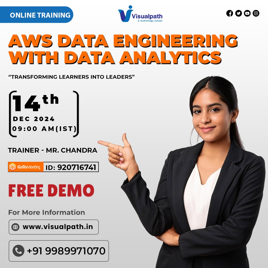 VisualpathPro's tweet image. Join Now: meet.goto.com/920716741
Attend Online #Free_Demo On #awsdataengineering with #dataanalytics
Demo on: 14th December 2024 @9:00 AM IST.
Call us: +91 9989971070
WhatsApp: bit.ly/47eayBz
Visit: visualpath.in/online-aws-dat…
#OnlineTraining #TechSkills #ITjob #aws