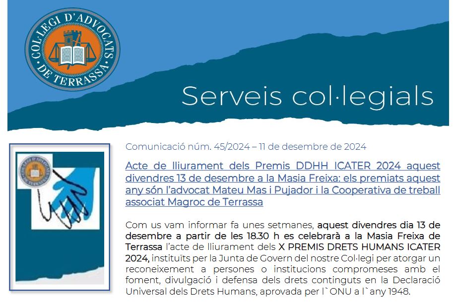 ICATERadvocats's tweet photo. 🏆Acte de lliurament dels #PremisDDHHICATER2024 aquest divendres 13 de desembre a les 18.30 h a la Masia Freixa #Terrassa, assistència lliure i gratuïta, us hi esperem per retre homenatge als premiats, l'advocat Mateu Mas i la Cooperativa Magroc. https://t.co/ME1uCZgIVk