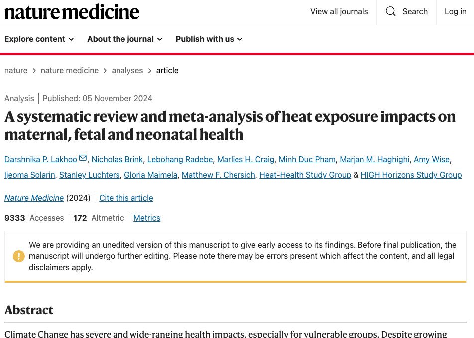 Kim R. van Daalen, PhD (@daalenkim) on Twitter photo 🚨Escalating heat🥵exposure poses a major threat to maternal & neonatal health.
A new key systematic review + meta-analysis by Lakhooof et al. discusses heat impacts on maternal, fetal and neonatal health in <a href="/NatureMedicine/">Nature Medicine</a>! ⤵️
Full paper: nature.com/articles/s4159… 🚨Escalating heat🥵exposure poses a major threat to maternal & neonatal health.
A new key systematic review + meta-analysis by Lakhooof et al. discusses heat impacts on maternal, fetal and neonatal health in <a href="/NatureMedicine/">Nature Medicine</a>! ⤵️
Full paper: nature.com/articles/s4159…