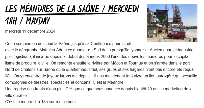 Maydaycanut's tweet photo. Les méandres de la Saône : De la requalification urbaine du quartier de Confluence, à la reprise DIY du front d'eau chalonnais, on navigue entre géographie urbaine et découverte d'une rivière ce soir à 18h sur #radiocanut https://t.co/Ar7TpRmryu