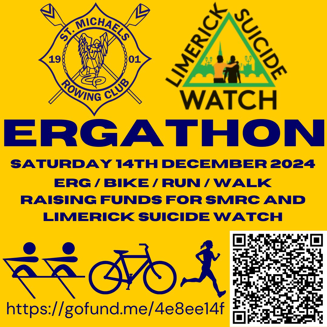 St. Michael’s are hosting an Ergathon fundraiser this weekend, raising vital funds for the club and Limerick Suicide Watch along the way! 🚣🏃‍♀️🚴‍♂️🚶‍♀️

We need your help to submit KMs you have completed on the erg, a run, a walk, even on bike!