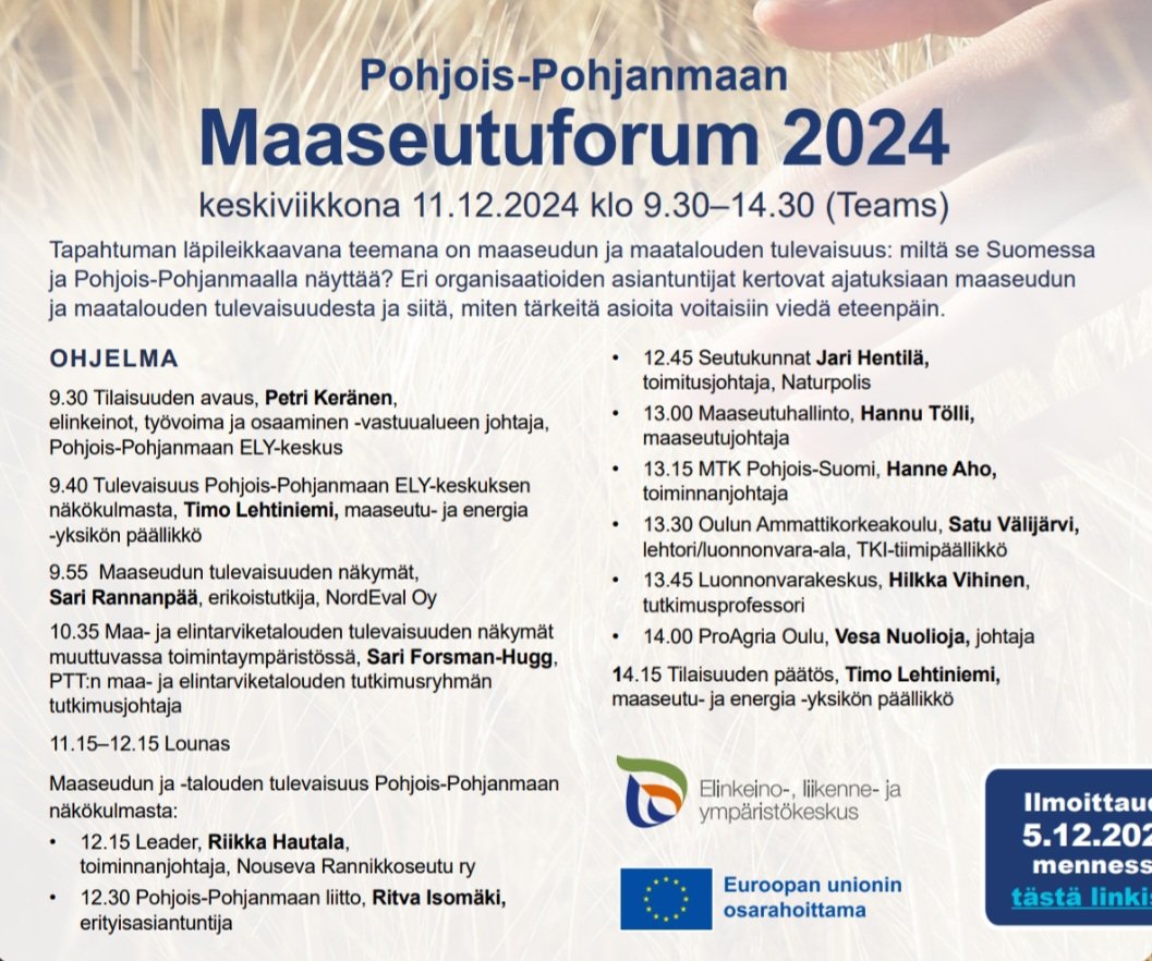 Tänään Maaseutuforumia alueen maaseudun ja maatalouden kehittäjille. Kuulolla lähes sata toimijaa <a href="/POPELYkeskus/">PohjoisPohjanmaanELY</a>