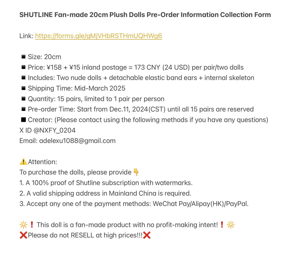 SHUTLINE Fan-made 20cm Plush Dolls Pre-Order Information Collection Form  Link: https://t.co/xQlzfqATKd Please confirm your purchase intention before  filling out the form If you have any questions about the dolls, feel free to