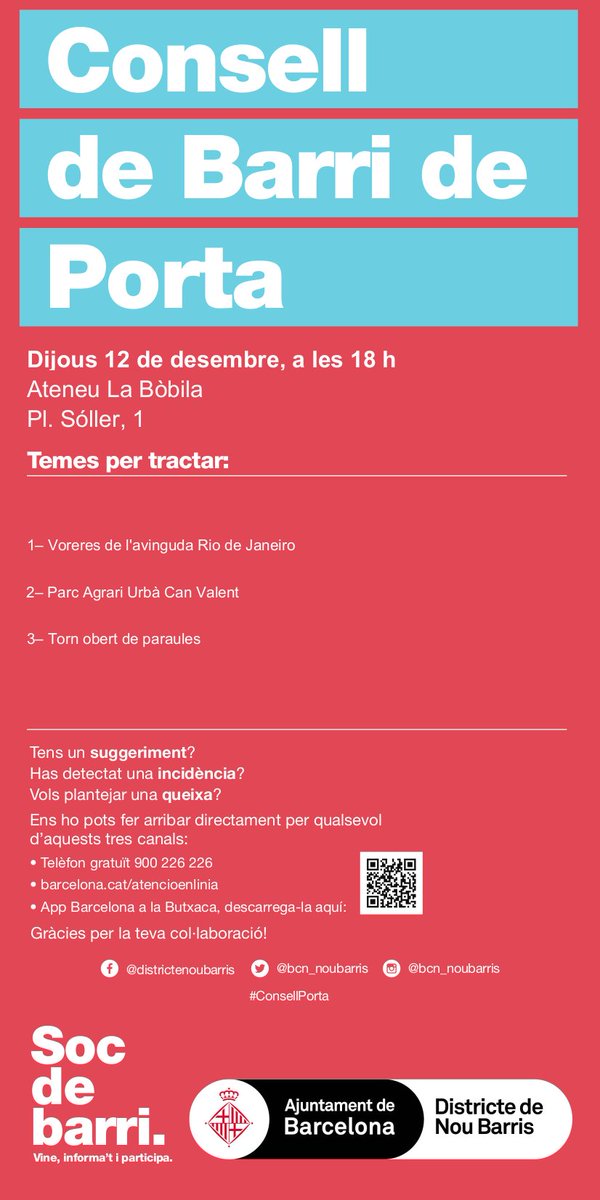 Bcn_NouBarris's tweet photo. 📣 Últims #ConsellsDeBarri de l'any a #NouBarris:

🗣️ #ConsellCanPeguera: avui, 18 h, CdB #LaCosaNostra  

🗣️ #ConsellPorta: demà, 18 h, @Ateneu_laBobila

🗣️ #ConsellGuineueta: dimecres 18, 18 h, @MasiadelaGuine 

Sessions presencials. Ordre del dia als cartells. @decidimbcn https://t.co/jhdC35Xr0J