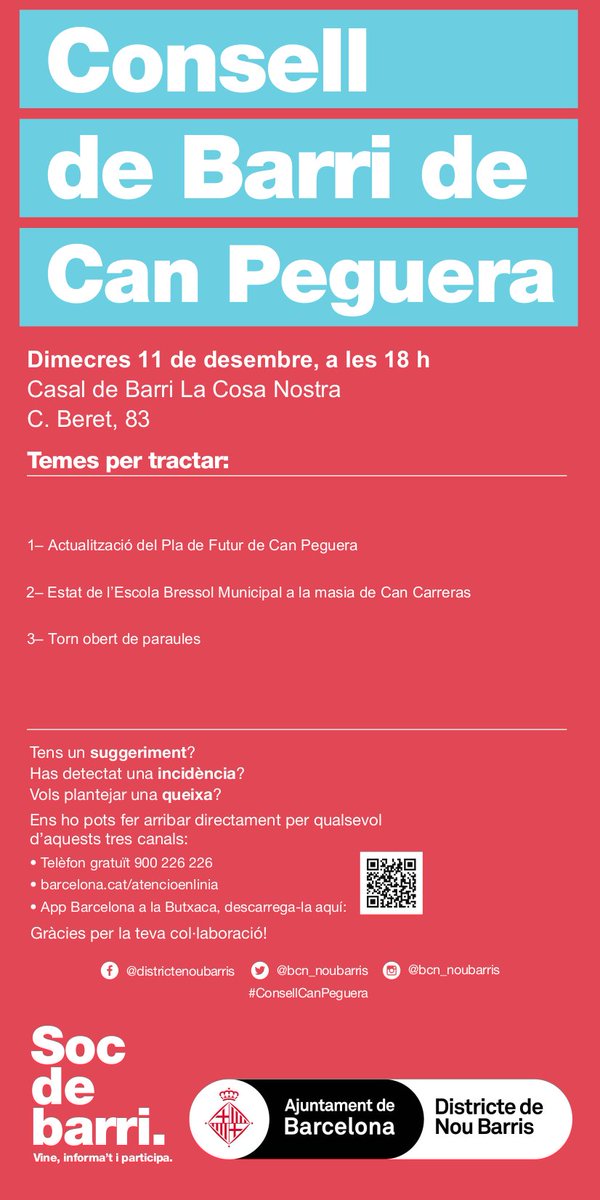 Bcn_NouBarris's tweet photo. 📣 Últims #ConsellsDeBarri de l'any a #NouBarris:

🗣️ #ConsellCanPeguera: avui, 18 h, CdB #LaCosaNostra  

🗣️ #ConsellPorta: demà, 18 h, @Ateneu_laBobila

🗣️ #ConsellGuineueta: dimecres 18, 18 h, @MasiadelaGuine 

Sessions presencials. Ordre del dia als cartells. @decidimbcn https://t.co/jhdC35Xr0J