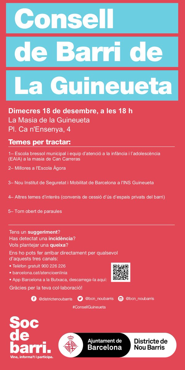 📣 Últims #ConsellsDeBarri de l'any a #NouBarris:

🗣️ #ConsellCanPeguera: avui, 18 h, CdB #LaCosaNostra  

🗣️ #ConsellPorta: demà, 18 h, @Ateneu_laBobila

🗣️ #ConsellGuineueta: dimecres 18, 18 h, <a href="/MasiadelaGuine/">La Masia de la Guineueta</a> 

Sessions presencials. Ordre del dia als cartells. <a href="/decidimbcn/">decidimbcn</a>