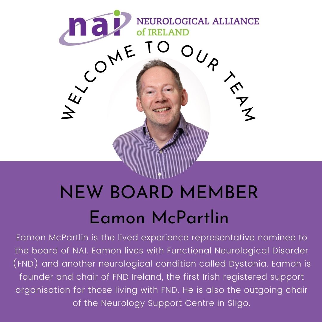 Neurological Alliance of Ireland (@naiireland) on Twitter photo We are delighted to welcome Eamon McPartlin as the lived experience representative to the board of NAI. Eamon lives with Functional Neurological Disorder (FND) & Dystonia and is founder & chair of <a href="/FndIreland/">FND Ireland</a> We look forward to continuing to work with Eamon in 2025 #TEAMNAI 🧠 We are delighted to welcome Eamon McPartlin as the lived experience representative to the board of NAI. Eamon lives with Functional Neurological Disorder (FND) & Dystonia and is founder & chair of <a href="/FndIreland/">FND Ireland</a> We look forward to continuing to work with Eamon in 2025 #TEAMNAI 🧠