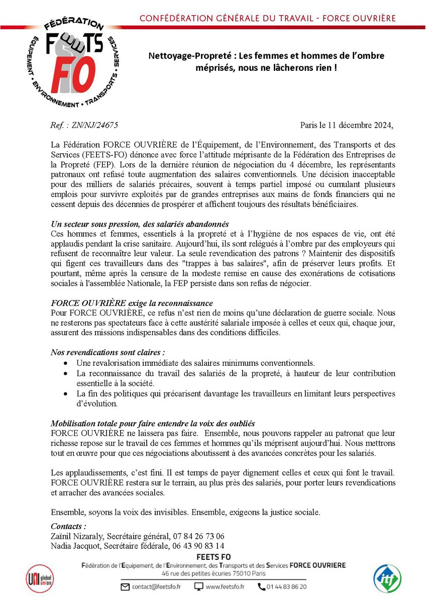 Nettoyage-Propreté : Les femmes et hommes de l’ombre méprisés, nous ne lâcherons rien !

Lien vers le communiqué : admin.feetsfo.fr/storage/docume…