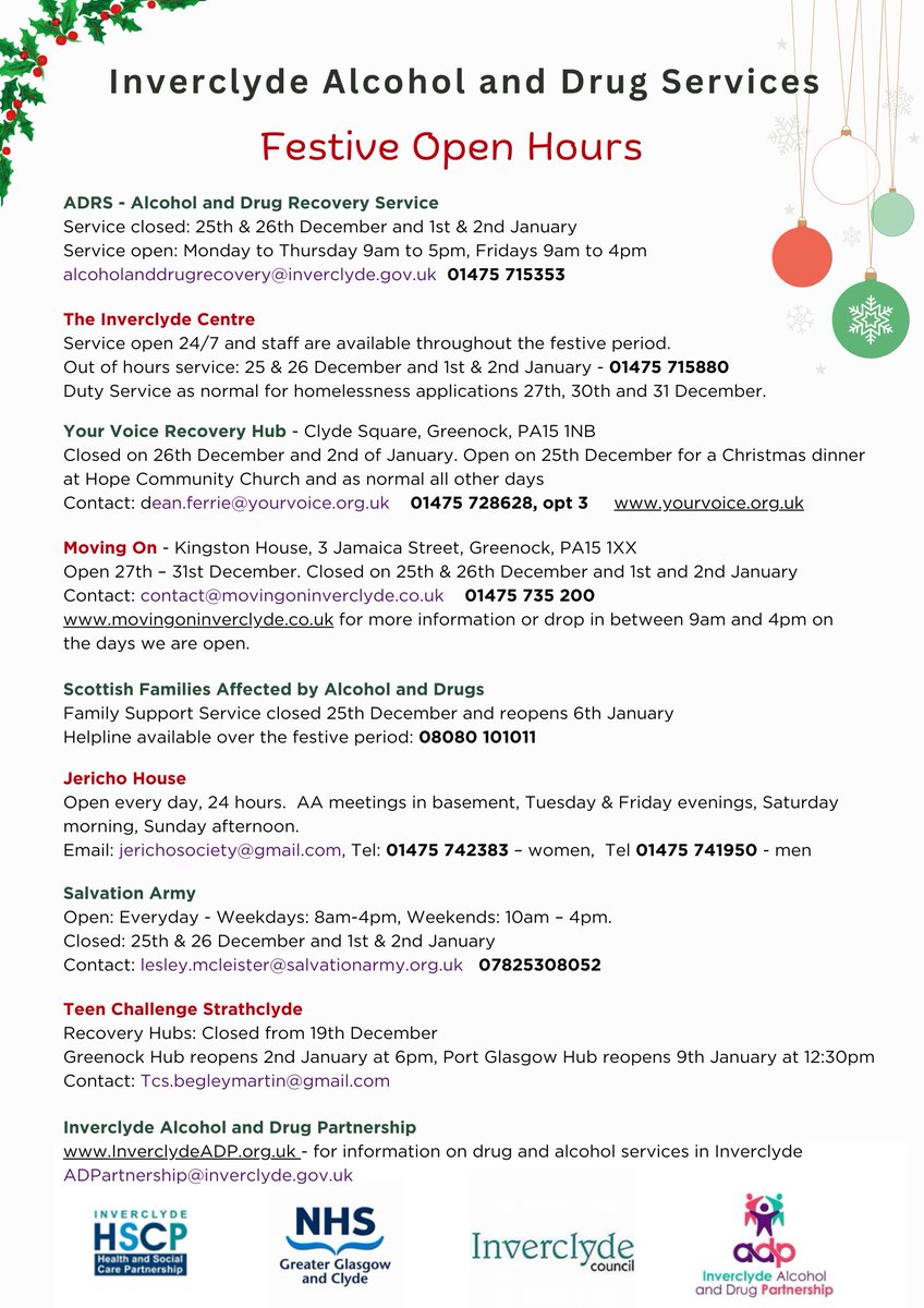 Inverclyde_CLW's tweet photo. Useful information around opening hours, naloxone and food/company over the festive season from Inverclyde ADP. https://t.co/mQWF1SjRNl