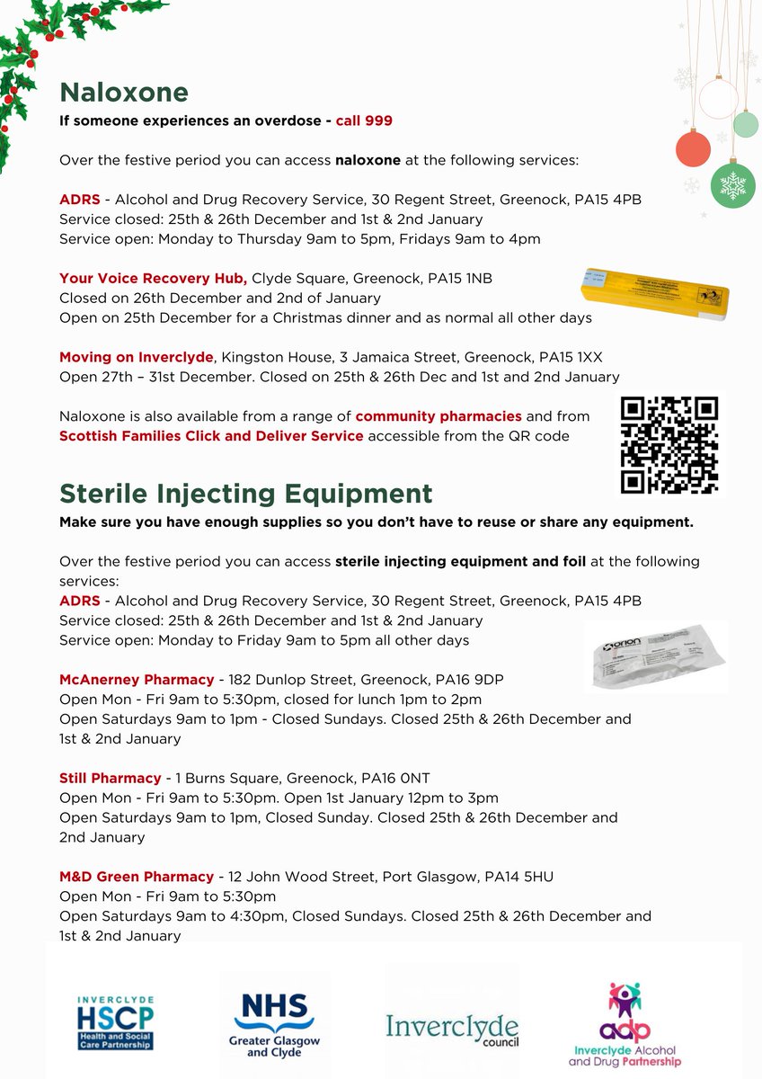 Inverclyde_CLW's tweet photo. Useful information around opening hours, naloxone and food/company over the festive season from Inverclyde ADP. https://t.co/mQWF1SjRNl
