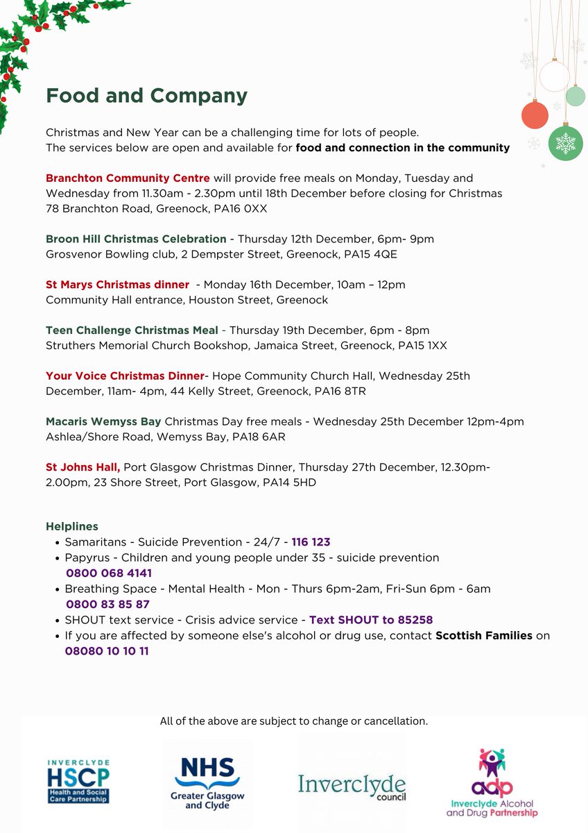 Inverclyde_CLW's tweet photo. Useful information around opening hours, naloxone and food/company over the festive season from Inverclyde ADP. https://t.co/mQWF1SjRNl