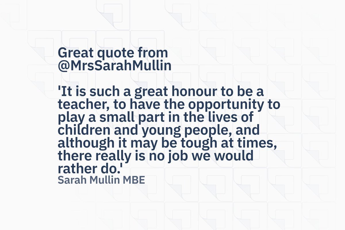 Great quote from @MrsSarahMullin x.com/MrsSarahMullin 'It is such a great honour to be a teacher, to have the opportunity to play a small part in the lives of children and young people, and although it may be tough at times, there really is no job we would rather do.'
