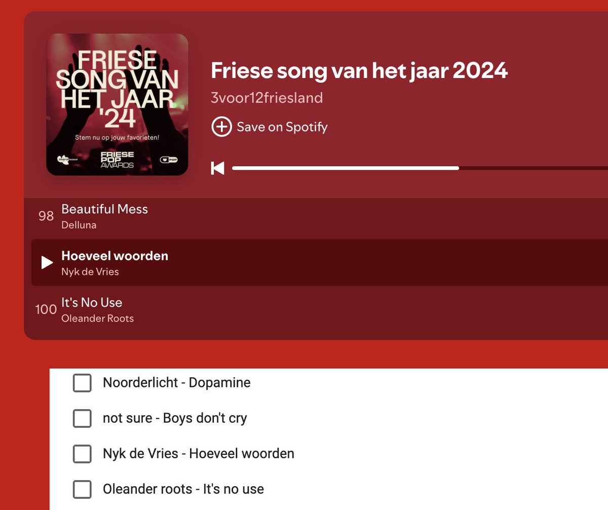 Nykdevries's tweet image. Vanaf vandaag kun je stemmen op de Friese song van het jaar 2024 van @FrieslandPop en @3voor12fryslan, met m'n nummer 'Hoeveel woorden' in de lijst. Stem via onderstaande link:
3voor12.vpro.nl/lokaal/friesla…
'Hoeveel woorden' vind je hier: open.spotify.com/track/5lYq8081…