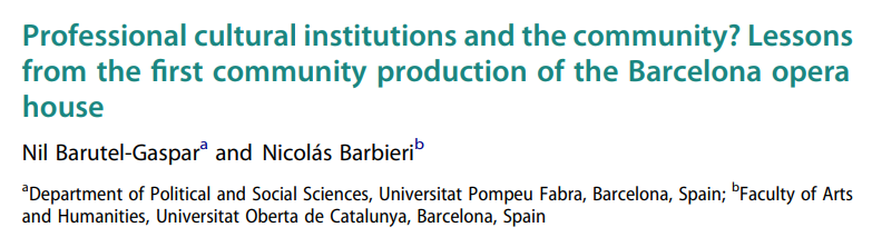 Nicolás Barbieri (@barbierimuttis) on Twitter photo To what extent can cultural productions developed by large institutions be considered community-based programmes? Happy to see our research (with <a href="/NBarutel/">Nil Barutel</a>) published in <a href="/CulturalTrends_/">Cultural Trends Journal</a> FREE access on tandfonline.com/eprint/CTTFXDW… To what extent can cultural productions developed by large institutions be considered community-based programmes? Happy to see our research (with <a href="/NBarutel/">Nil Barutel</a>) published in <a href="/CulturalTrends_/">Cultural Trends Journal</a> FREE access on tandfonline.com/eprint/CTTFXDW…