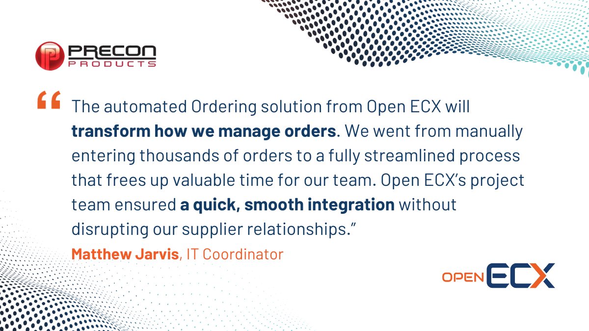 Precon Products Ltd has chosen Open ECX Ordering to automate incoming customer orders, eliminating time-consuming manual tasks and reducing both order costs and error rates.

Discover more here:
openecx.com/news-resources…