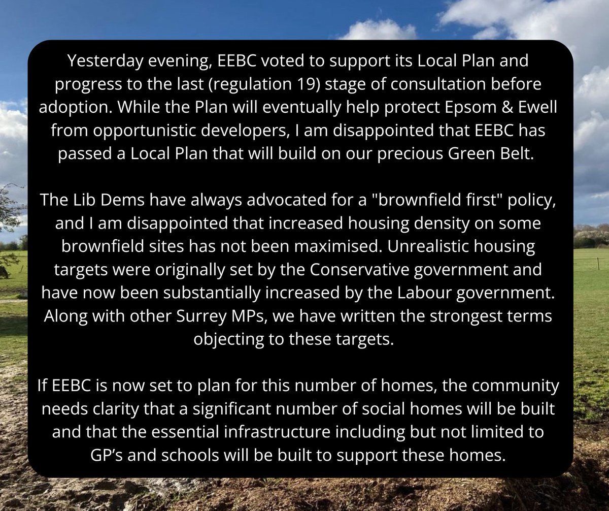 helenmaguiremp's tweet image. Last night @EpsomEwellBC voted to progress its #LocalPlan to the final consultation stage. While it will help protect Epsom &amp;amp; Ewell from opportunistic developers, I’m disappointed it includes building on our #Greenbelt. A “brownfield first” approach should have been prioritised.