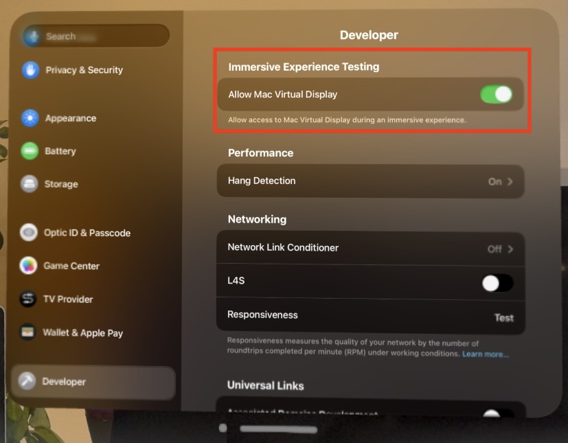 Supermoos's tweet photo. Quick tip: Working in WebXR on Apple Vision Pro and need to see your Safari developer console without removing the headset or exiting WebXR mode, make sure to enable this toggle in the Settings app after having enabled Developer mode through Xcode. https://t.co/ywqyNKTh1t