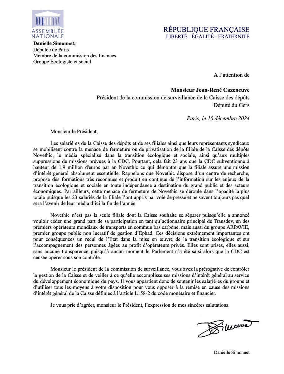 J'interpelle par courrier <a href="/jrcazeneuve/">Jean-René Cazeneuve</a>, président de la commission de surveillance de la <a href="/caissedesdepots/">Caisse des Dépôts</a>, au sujet des décisions récentes de la direction de privatiser à tour de bras ses filiales dont <a href="/Novethic/">Novethic</a> qui contribuent à la transition écologique. Vous devez vous y