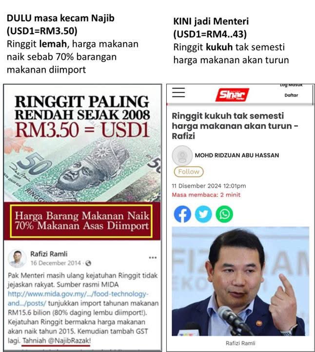 NaratifRakyat's tweet photo. FORMULA

DULU masa kecam @NajibRazak (USD1=RM3.50)
- Ringgit lemah, harga makanan naik sebab 70% barangan makanan diimport

KINI jadi Menteri (USD1=RM4..43)
- Ringgit kukuh tak semesti harga makanan akan turun

"Memang bAHL0L, Formula sedang berjalanlah B0dow" https://t.co/LC6Ccw99CZ