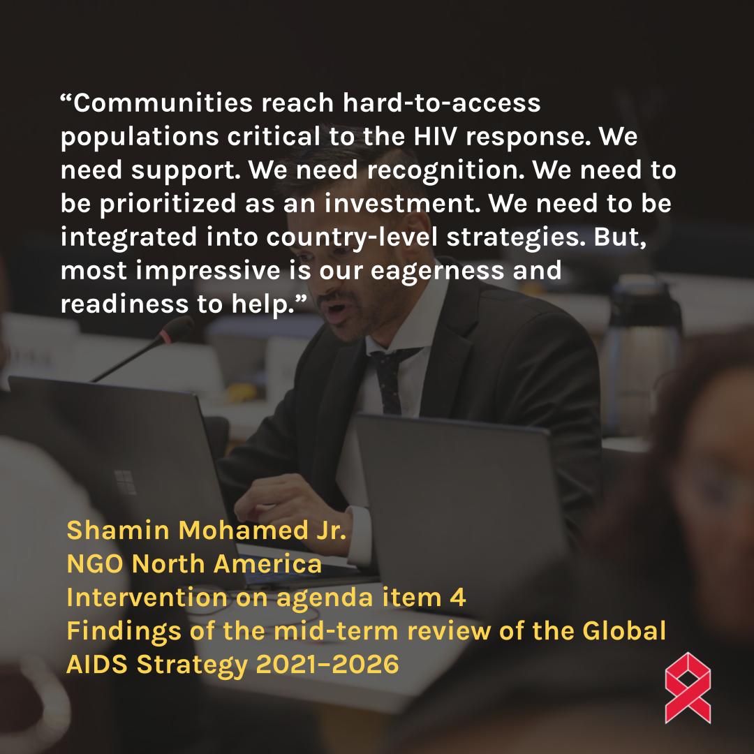 Statement delivered by Shamin Mohamed Jr.
<a href="/LetsStopAIDS/">LetsStopAIDS</a> <a href="/smjr2000/">Shamin Mohamed Jr.</a>, NGO North America, on agenda item 4: Findings of the mid-term review of the Global #AIDS Strategy 2021–2026
unaidspcbngo.org/pcb-meeting/55…